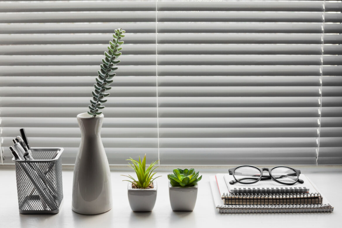 Desk with pencil holder, notebooks, glasses, and fake plants, with roller blinds in the background.
