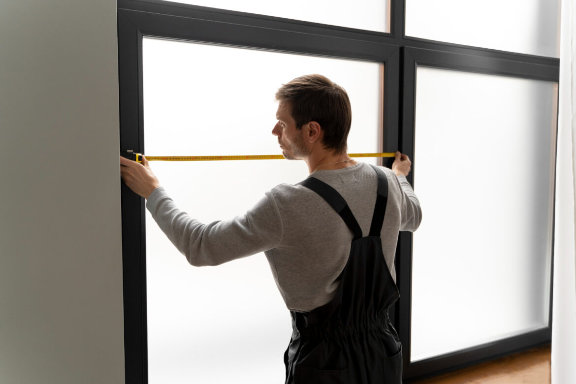 A man uses a tape measure to measure the dimensions of a window.